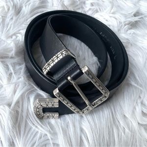 OFFICINA Handmade Italian Black Leather Etched Buckle Belt L